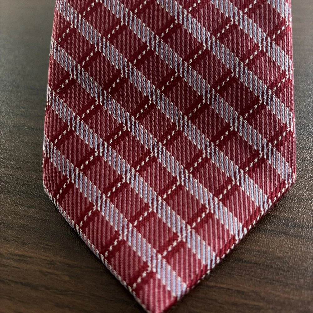 Hart Schaffner Marx Mens Silk Tie Burgundy Red Geometric Plaid  USA Made 62